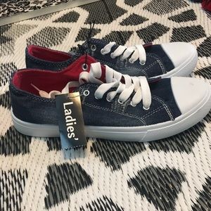 Size 8, denim sneakers